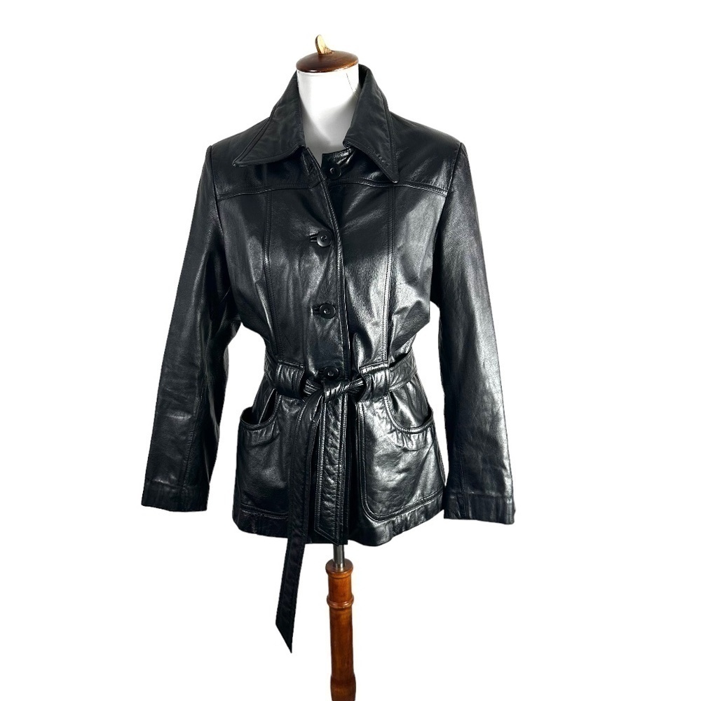 Wilson Leather Black 100% Leather Trench Coat Jacket SZ M
